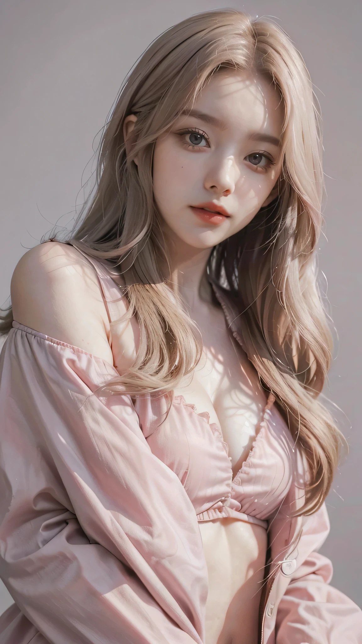Girl wearing, luxury pink coat, shoulder length hair, wavy hair, glowing skin, star in eye, red lips, grey background, cute poses , upper body, light blonde hair