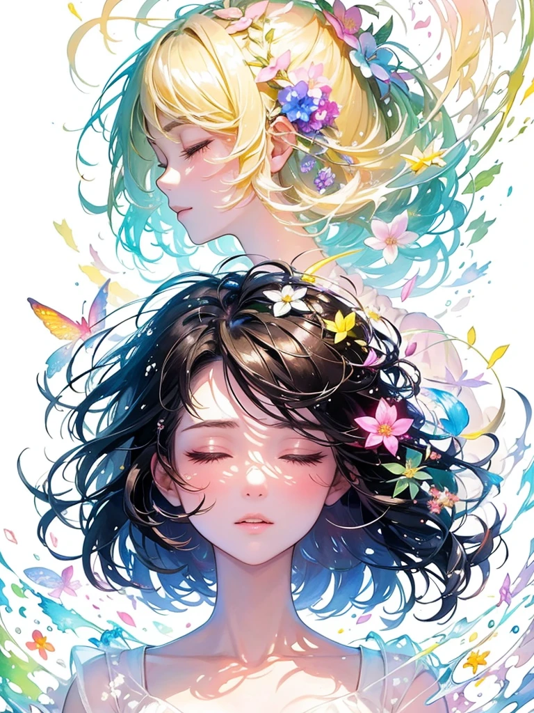 (masterpiece、Highest quality、Highest quality、Beautiful and beautiful:1.2)、Excellent anatomy、（Watercolor painting 1.5）、Long Shot、straight short hair images、Trendy Hair Color, Beautiful Face、Beautiful profile, Bow down and be quiet, I close my eyes and pray, Fairy, 蝶のFairyのコスチューム、Pure white、Pure、charm, Colorful flowers of different colors, Flower and leaf wind、Botanical Art,