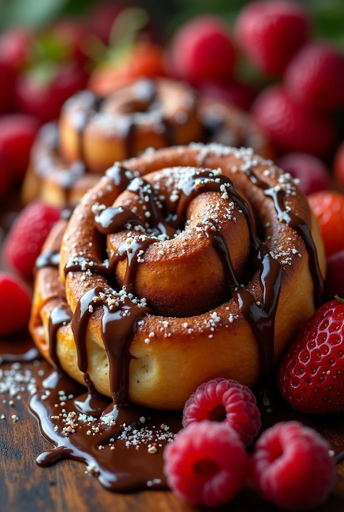 Cinnamon rolls, Chocolate and red fruits 