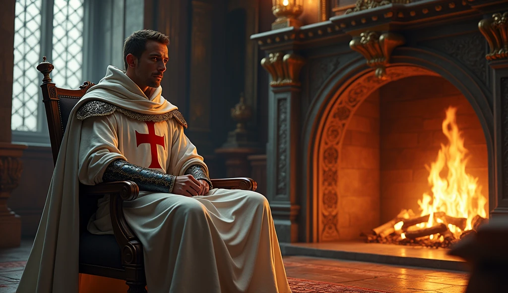 a templar knight with white cloak and red cross on his chest, resting on the fireplace inside a luxurious castle, high quality, artwork,, incredible lighting, illustration, cinematic light:1.1, perfect shading
