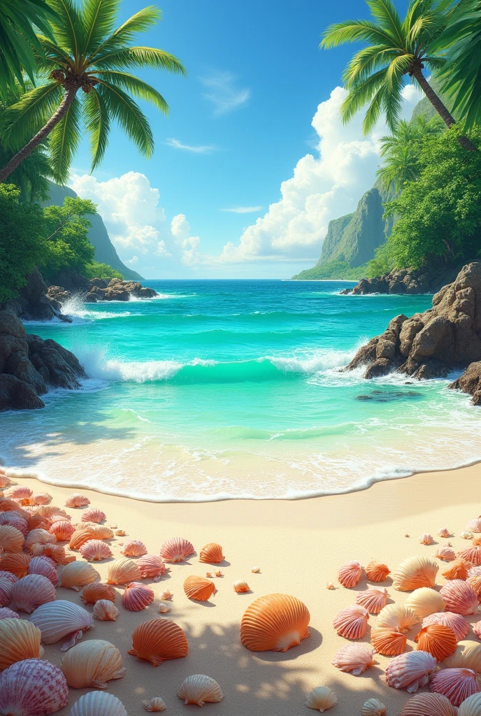Emerald green sea and light blue waves。Hawaiian landscape with lots of shells on the sand