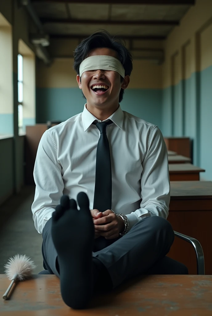 Malaysia malay handsome 22 years student 
He laugh very hard
His hand handcuff in  abondon warehouse 
Blindfolded
handcuff
Formal Outfit
Focus feet on desk
feather duster on desk
Take off shoes on desk 
Black sock 
2 man holding feather duster 
Focus 1 man tickle his feet using feather 
