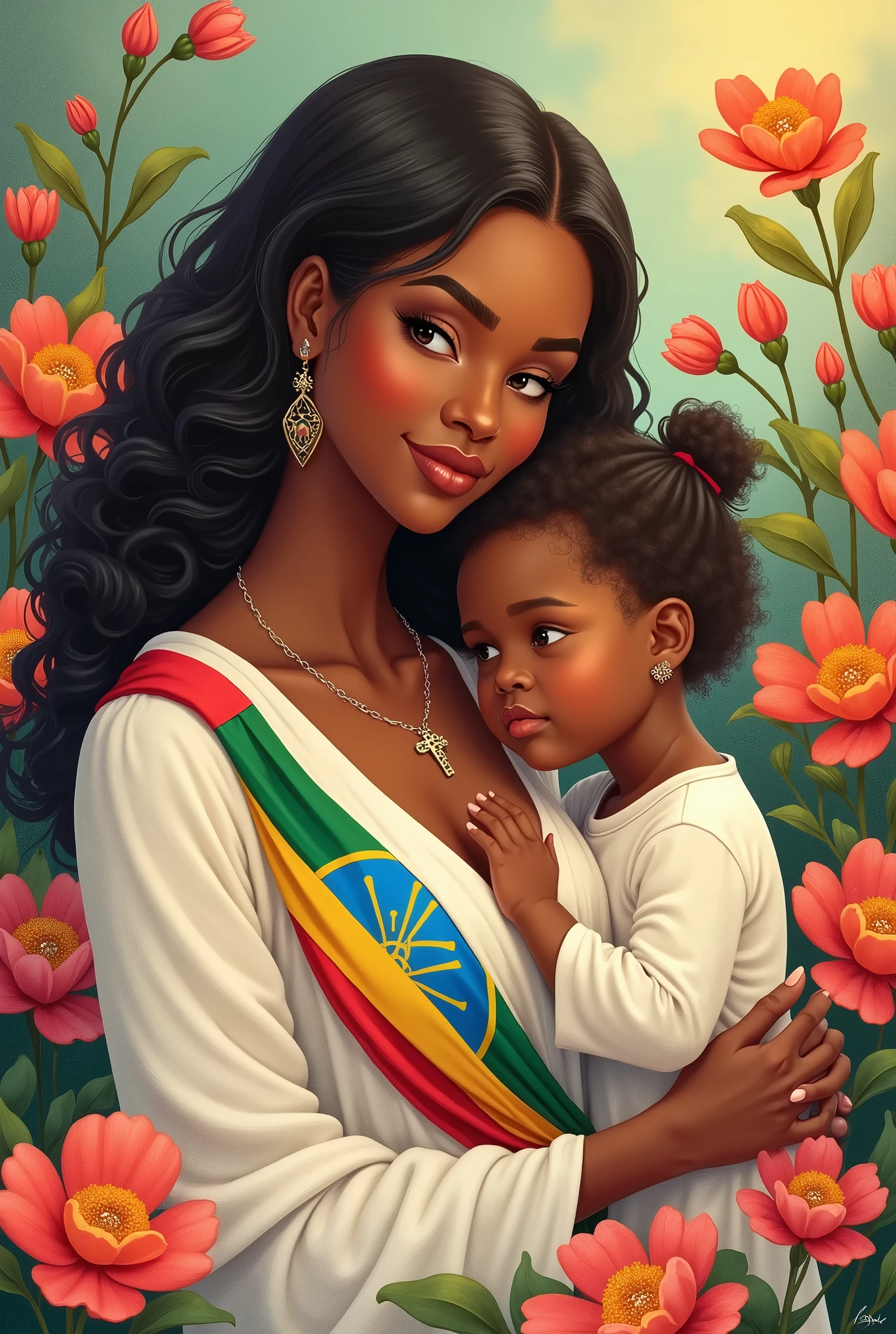 Postcard on an International Mother's Day, beautiful colours, nice picture of a Mother and her kid, flowers in background.she wearing a beautiful white dress with a strip of Ethiopian flag.her skin is less darker, she has cross earrings and cross necklace