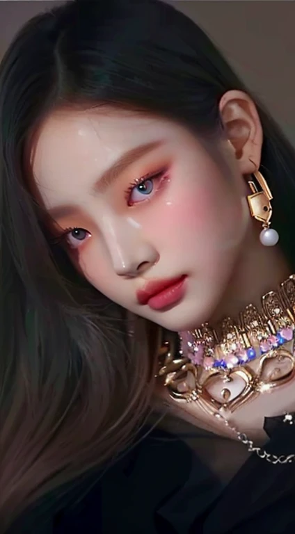 A close up of a woman with a necklace and earrings and pink eyes, inspired by Yanjun Cheng, inspired by Sim Sa-jeong, Portrait of Jossi from Blackpink, jennie pink black, digital art of an elegant, inspired by Jeong Seon, guweiz style artwork, in bowater art style, inspired by jeonseok lee