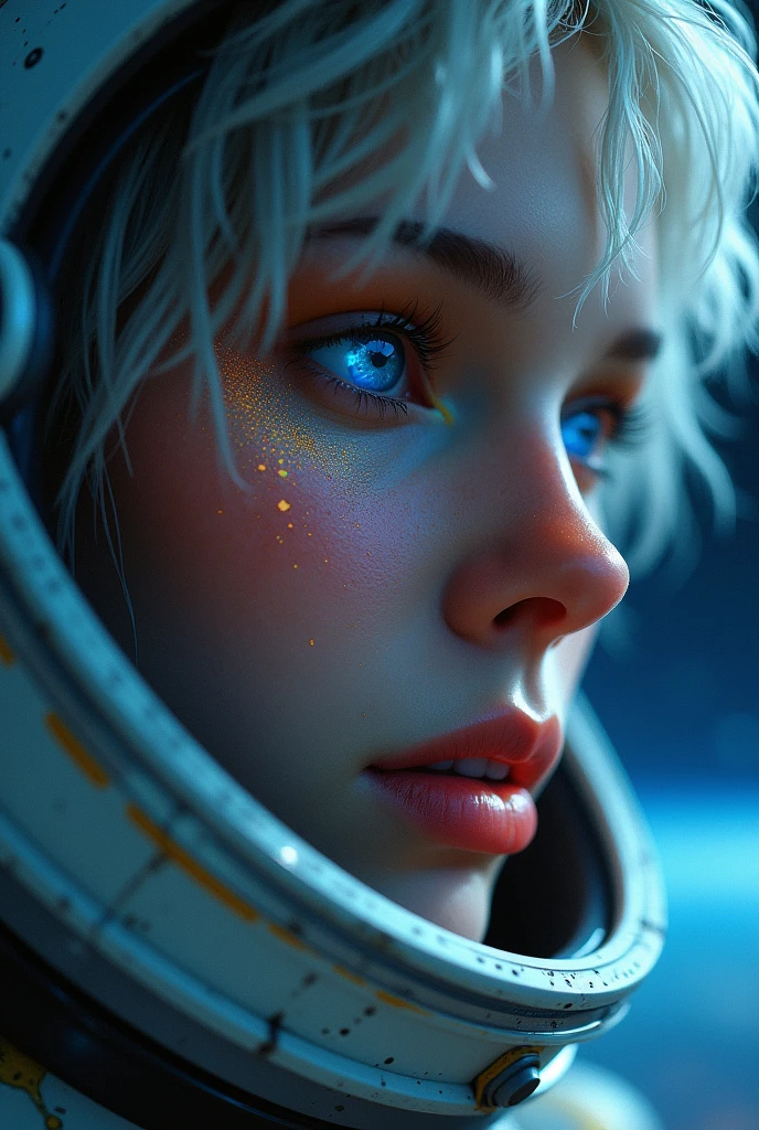 (Close-up of a better masterpiece:1.5)0.9], (Space and astronauts:1.2) (Messy silver hair:1.1) (Heterochromia xanthochromia and blue eyes:1.2) (Space Helmet:1.0) (Colored stars in the eyes:1.0) (A radiant glow:1.1) (thick lips:0.9)