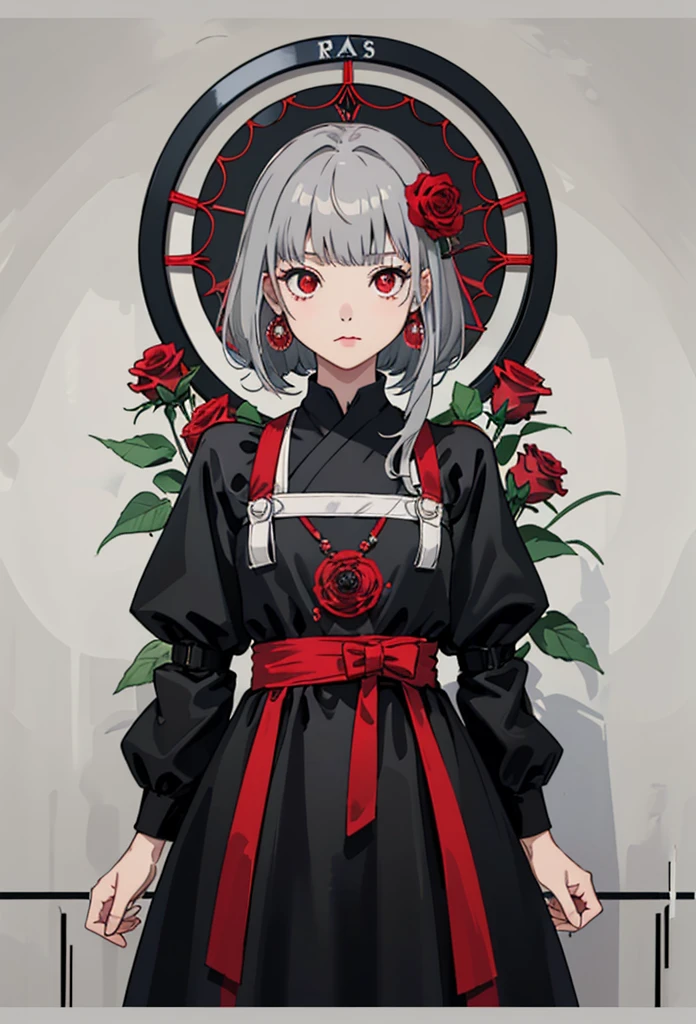 (Highest quality, masterpiece), (One girl, alone, Black Dress, Are standing , View your viewers, Gray Hair, Red eyes, Holding roses, Mouth closed, Upper Body), (Red dream catcher behind, Red flower, )