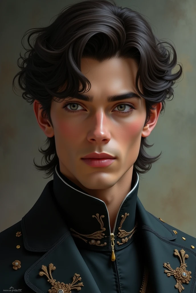 Prince with grayish brown eyes, dark skin and curly hair, extremely pretty.