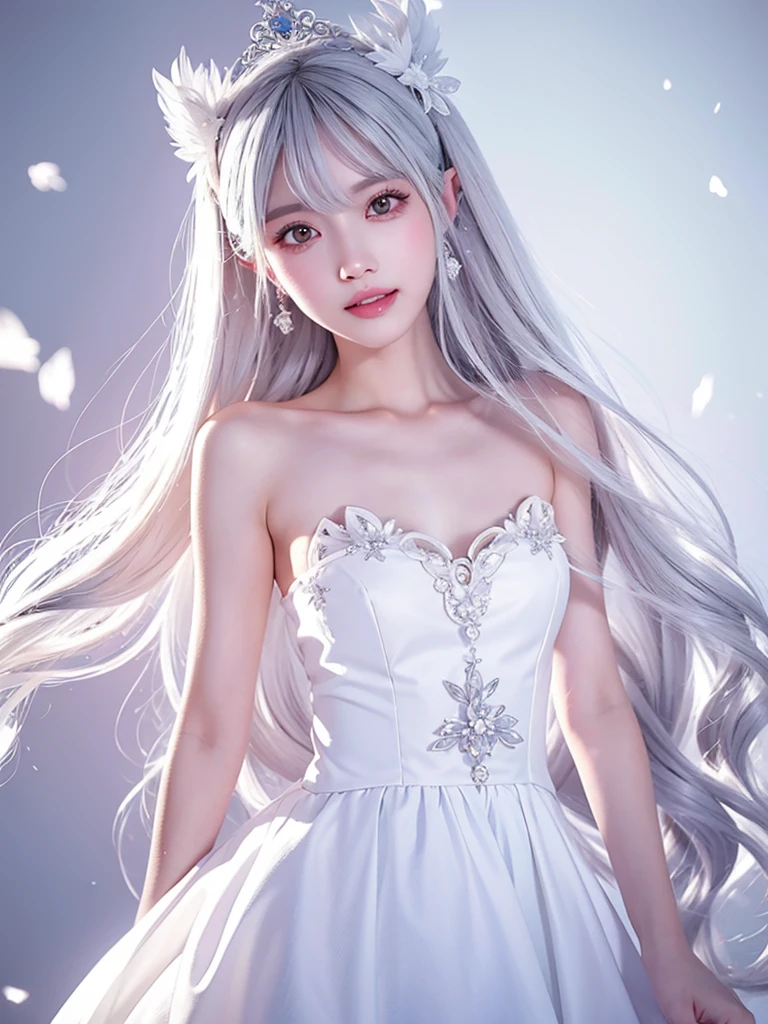 One girl, Long Hair、White Hair、Silver Hair．jagged teeth．
Princess Teresa，White skin, large breasts, Pointy Ears, Blushing, masterpiece, とてもLong Hair, Gray Hair, Hime cut, Sparkle Effect, Background blur, Princess in a white dress、Princess Teresaは幽霊でjagged teethを持つ巨胸な姫です。