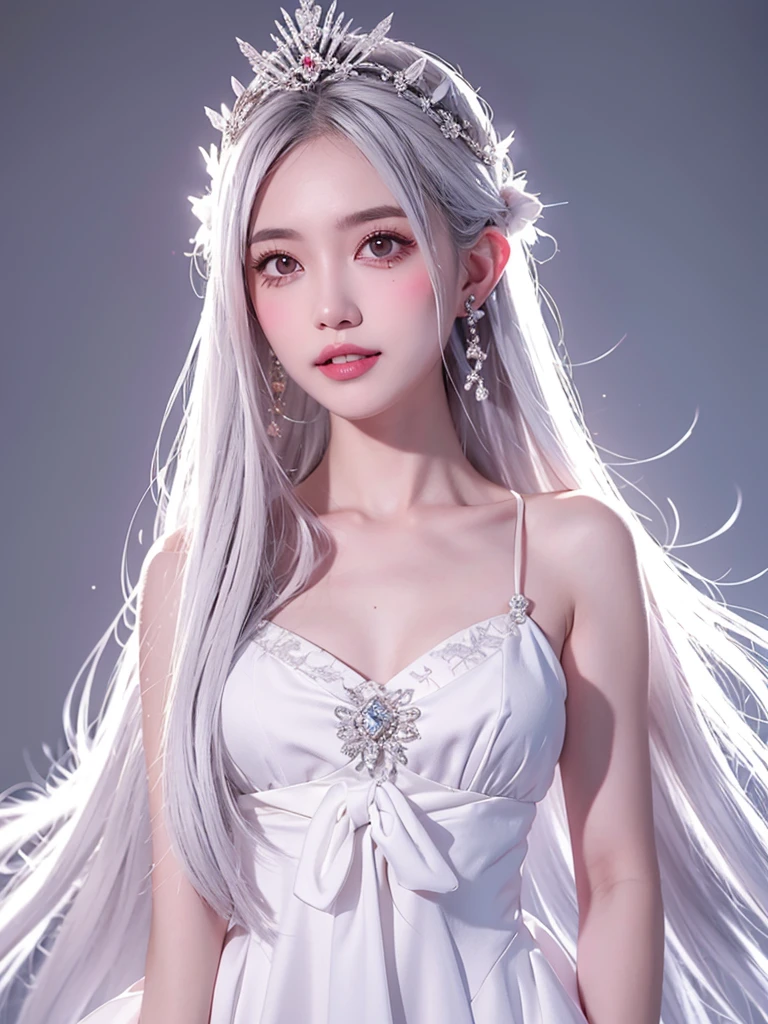 One girl, Long Hair、White Hair、Silver Hair．jagged teeth．
Princess Teresa，White skin, large breasts, Pointy Ears, Blushing, masterpiece, とてもLong Hair, Gray Hair, Hime cut, Sparkle Effect, Background blur, Princess in a white dress、Princess Teresaは幽霊でjagged teethを持つ巨胸な姫です。