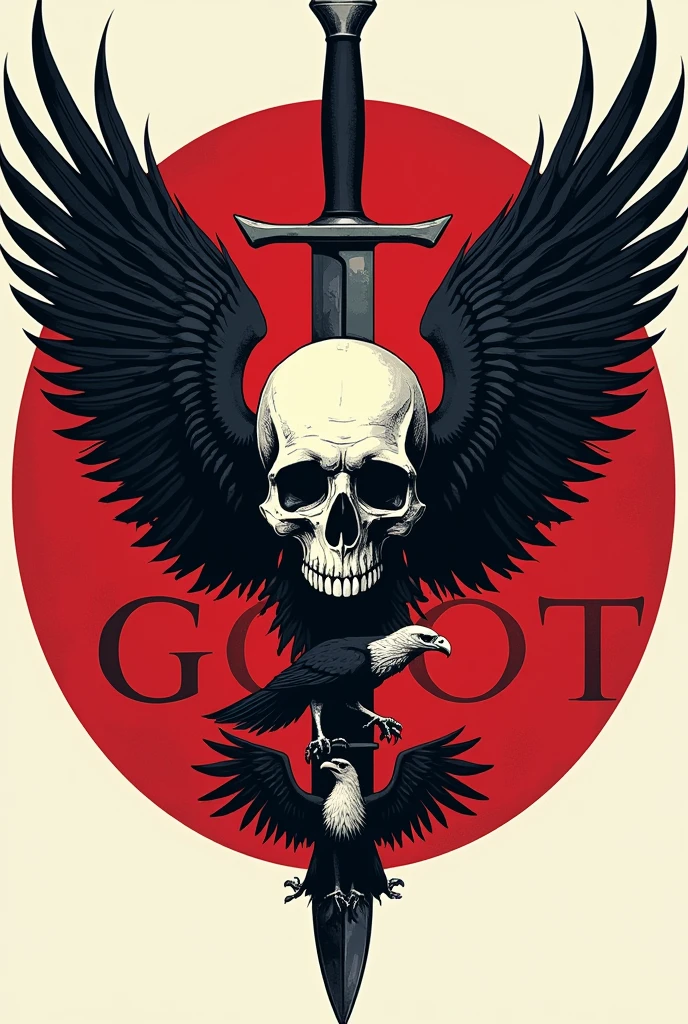A Geot emblem with a skull and wings That has GEOT inscribed on it A knife in the skull Now that it looks like an emblem An eagle on the sword Smaller That it can be seen GEOT Enclosed in a red circle
