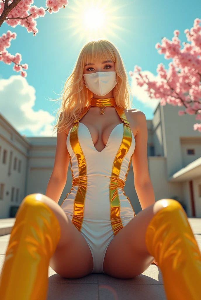 Japan idol girl　Blonde with bangs,Big Breasts　Cleavage　Big smiling eyes　((White Face Mask))　Under the scorching sun、On the roof of a building　((Includes sponsor&#39;s name、Racing team bodycon dress made from shiny white and gold metallic enamel material.))　((Enamel Knee High Boots))　A masterpiece of plump thighs　8k　Sit with your legs apart　Drawing from below　gorgeous appearance　cherry blossoms　My face and body are soaked with sweat　Underarm