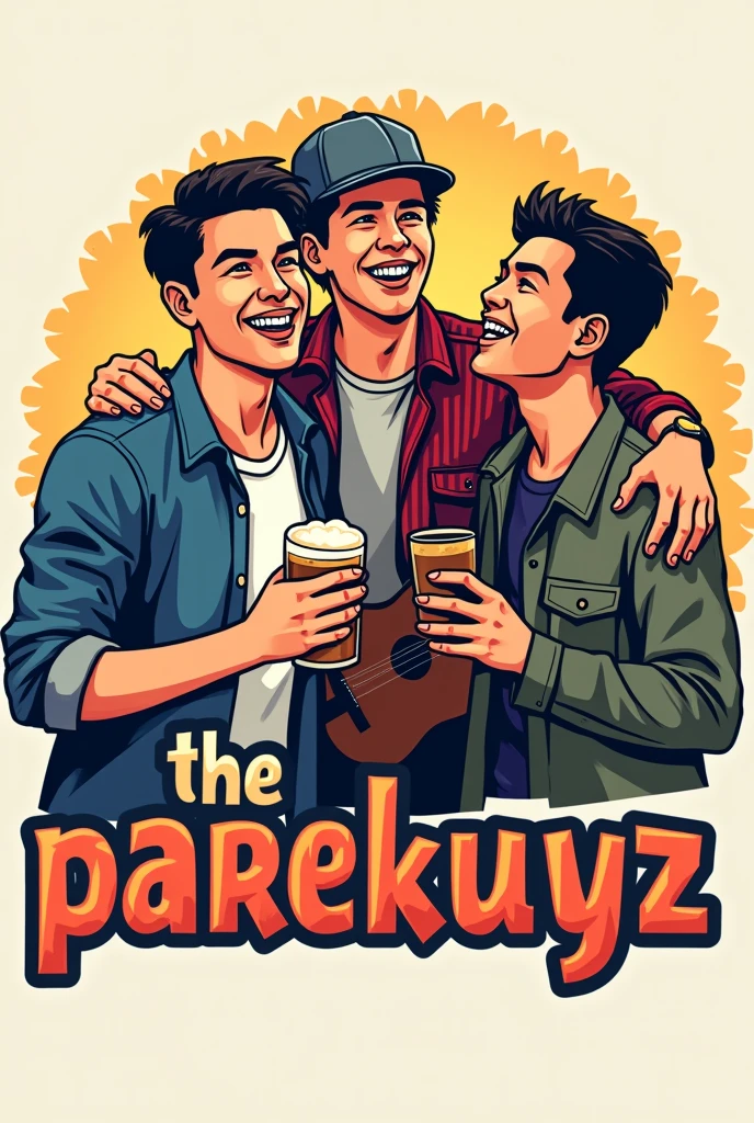 logo of three all boys Filipino friends, one is holding a glass of beer with a snapback cap and the other is holding a guitar and below the logo is the lettering the parekuyz