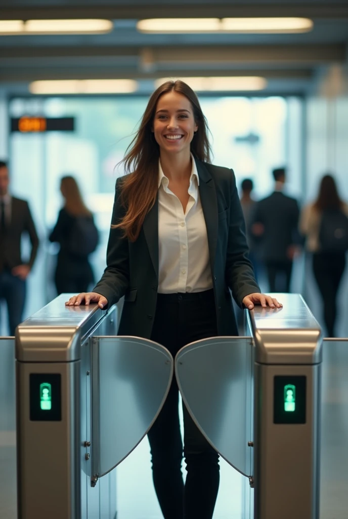I would like to create a realistic video of a smiling woman passing through a turnstile
