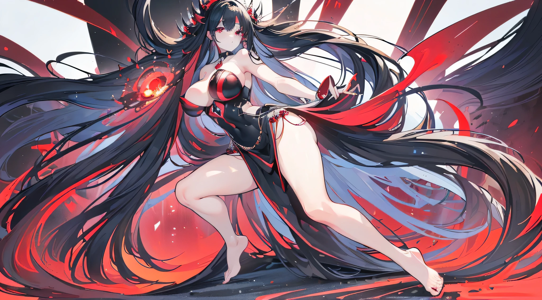 Exquisite eyes),(Clear and beautiful eyes:1.61),masterpiece, ung girl,(Black clothes and some red gems), Black long hair, (She has a huge red gem on her chest), Good Hand,((The Havoc of StarCraft)),full-body shot,Fighting Stance,(Red Eyes:1.466),short and small,(Very big breasts:1.35),(Pretty Face),(full-body shot:1.33),Beautiful hands
