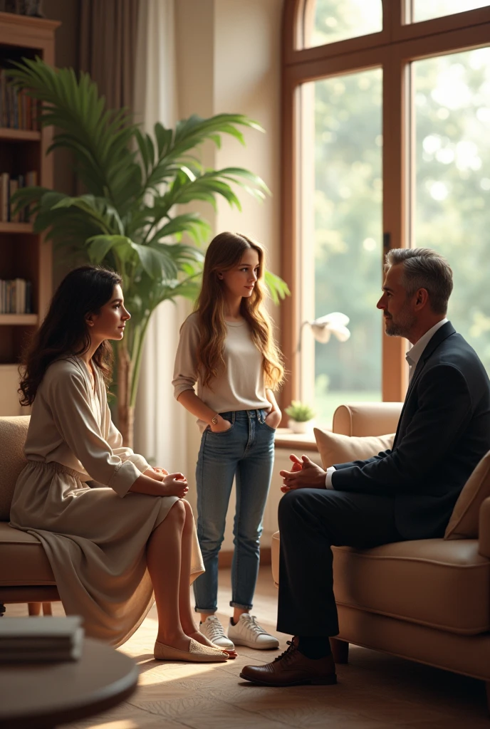 Rich girl talking to her parents in the living room the girl in less formal clothes talking to her mom and dad 