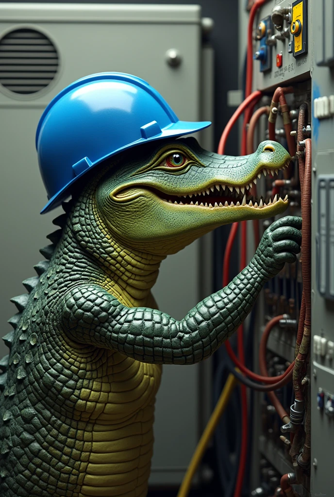 
crocodile with blue work helmet working on an electrical panel

