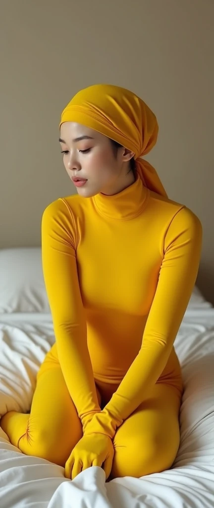 The most beautiful,thin,most pretty and clever Asian muslimah adult contortion girl wears yellow colour lycra turtleneck unitard catsuit with yellow lycra gloves.She always wear yellow colour lycra dancewear stretchy square hijab.She sits on the bed and reads a lot of newspapers