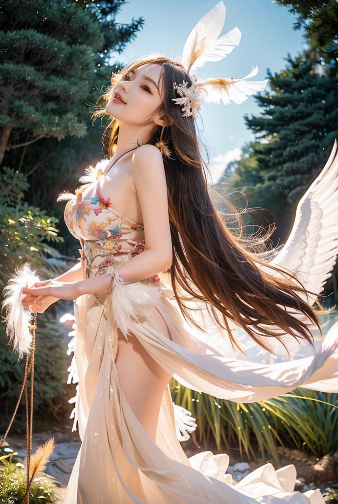 Extremely detailed CG Unity 8K wallpaper, Highest quality,Very detailed,masterpiece, Summer sky,Dazzling Sun,Angel Wings,Falling Feathers,Countless Feathers,Beautiful woman looking up,Large Breasts,Kimono-like dress,smile, Hair blowing in the wind,Very long hair, Colorful Hair, Open your mouth a little, 