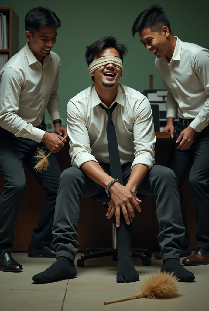 Malaysia malay handsome 19 years student
He laugh very hard
His hand handcuff in abondon warehouse
Blindfolded
handcuff
Formal Outfit
Focus feet on desk
feather duster on desk
Take off shoes on desk
Black sock
2 man holding feather duster
Focus 1 man tickle his feet using feather