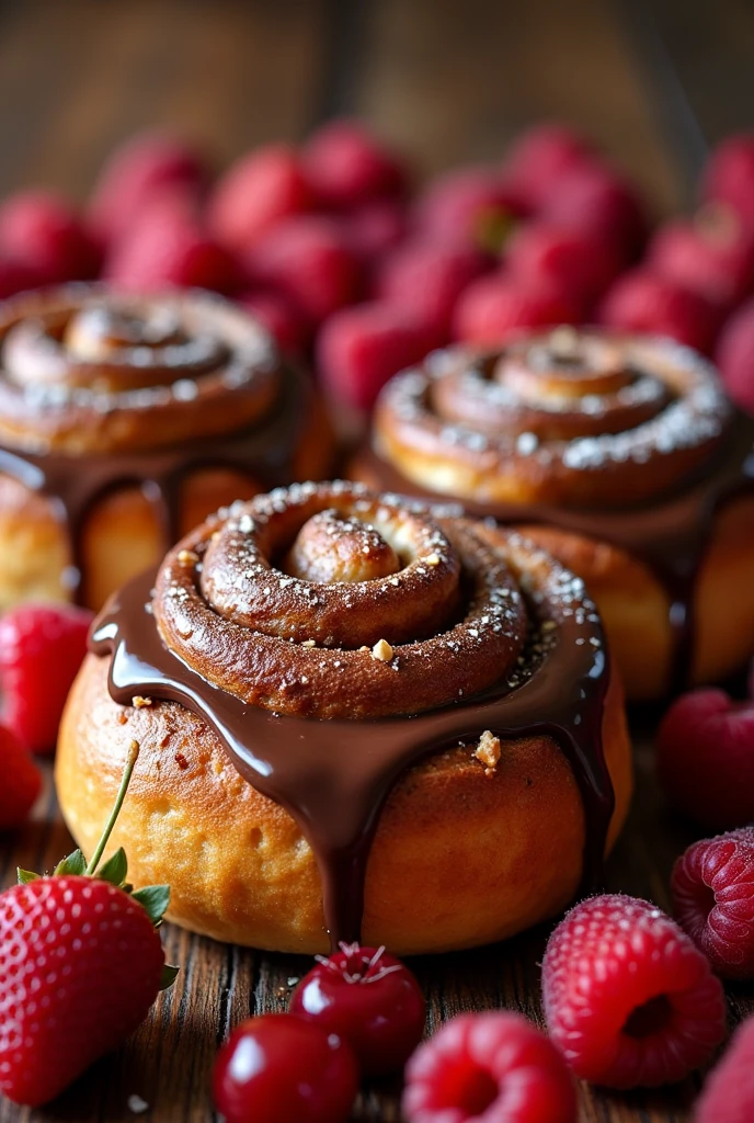Cinnamon rolls, Chocolate and red fruits 