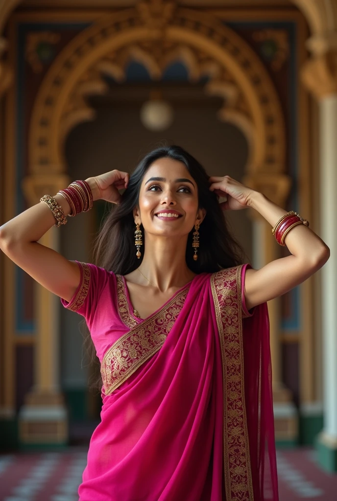 Smiling and Beautiful indian woman in dark pink silk saree  lifting up a large man on her shoulders, in a room with high ceiling, full body view 