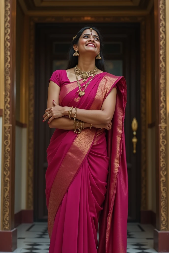 Smiling and Beautiful indian woman in dark pink silk saree  lifting up a large man on her shoulders, in a room with high ceiling, full body view 