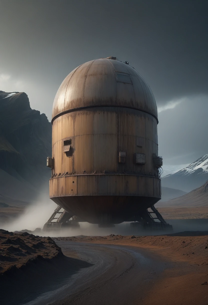 a cryo-chamber nostromo vessel smashed on desert iceland mountains, lonely landscape, detailed machinery, ominous atmosphere, dramatic lighting, volumetric fog, cinematic composition, muted color palette, realistic textures, intricate details, atmospheric haze, natural environment, realistic rendering, advanced lighting, photorealistic quality, hyperdetailed, 8k, masterpiece, dark atmosphere, inverted composition, intricate details, cinematic ambience, professional photography prodution, dramatic lighting, rust, planets, halo, warm colours, mixed cold colours 