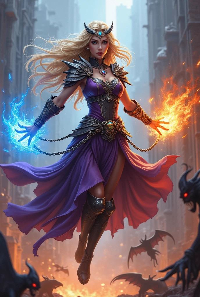 Close up, A beautiful young woman with a determined look posing with her intimidating powers on display, long flowing blonde and purple hair adorned with a intricatly detailed headpiece, wearing a battle tunic made of leather with flowing ribbons and chains laced with intricate details and gems. guild wars. (Large breasts), a battle mage wielding fire and ice powers, floating in the air in a epic battle amidst a realistic crumbling city caught in an apocalyptic event. Winged demons attack appearing through portals. Masterpiece, ((highly detailed)), 4k. Epic and dynamic lighting with deep shadows and highlights from magical powers.