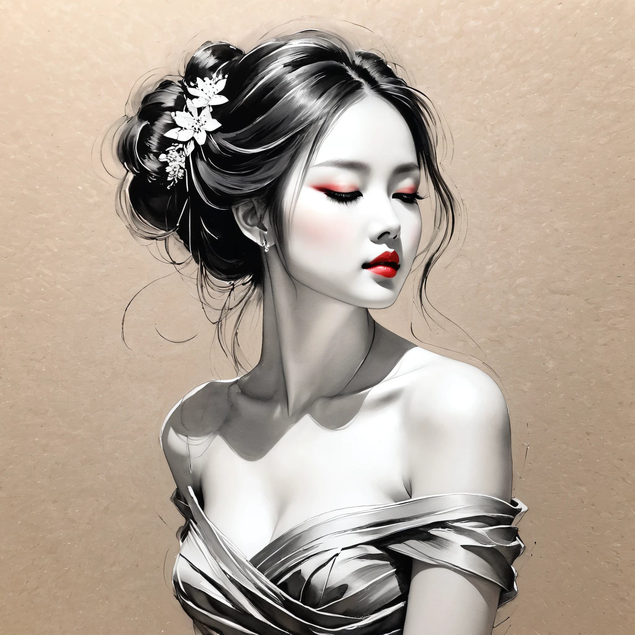 elegant maiden，black andwhite水墨画，pen sketch drawing，loose brushwork，Pen outlines delicate lines，Fluid action，Subtle shades of paint，elegant posture，A peaceful expression，Delicate facial features，black andwhite，to clean, little red.