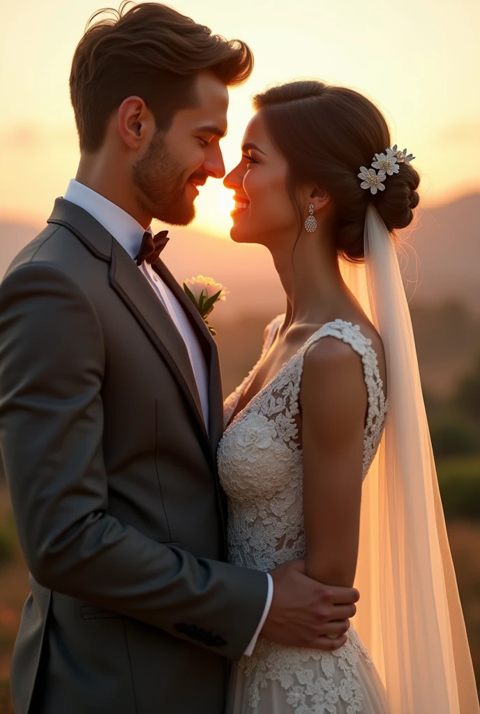 a captivating and enchanting, photorealistic, hyper ultra-realistic wedding scene, in a picturesque setting, the bridal coupe should be close and looking at each other their expressions reflecting deep love and joy, the groom's charcoal grey suit is well fitted with crisp white shirt and bowtie . The bride's lace wedding dress features intricate detailing, flowing elegantly. The bride's hair in an elegant updo, adorned with delicate floral elements. The groom has a simple yet sophisticated boutonnière that complements the bride’s bouquet. Lighting is warm sunkissed lighting to highlight the couple’s features, creating a soft and ethereal atmosphere. The sun should be low in the sky, giving a romantic glow. a slightly blurred backdrop to keep the focus on the couple. 8K resolution 3D