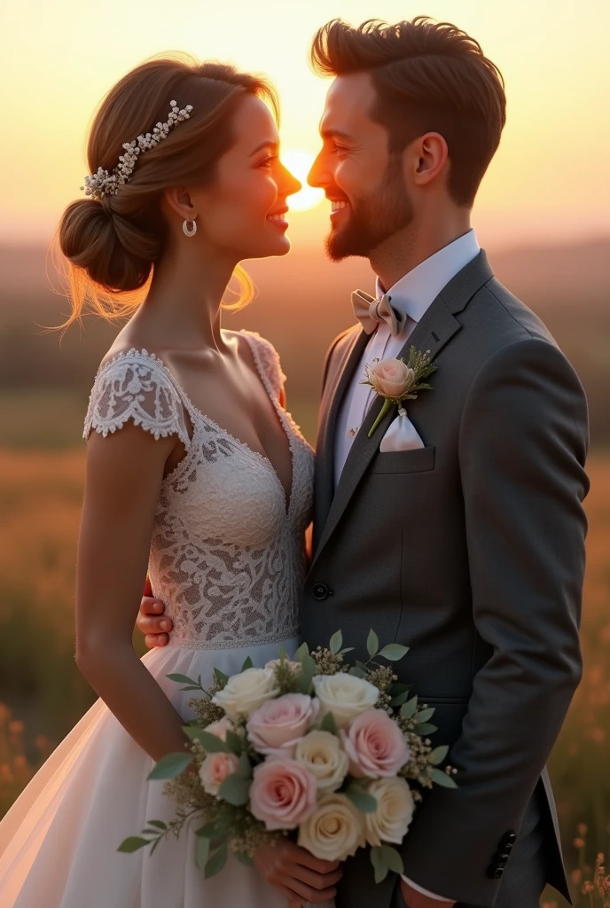 a captivating and enchanting, photorealistic, hyper ultra-realistic wedding scene, in a picturesque setting, the bridal coupe should be close and looking at each other their expressions reflecting deep love and joy, the groom's charcoal grey suit is well fitted with crisp white shirt and bowtie . The bride's lace wedding dress features intricate detailing, flowing elegantly. The bride's hair in an elegant updo, adorned with delicate floral elements. The groom has a simple yet sophisticated boutonnière that complements the bride’s bouquet. Lighting is warm sunkissed lighting to highlight the couple’s features, creating a soft and ethereal atmosphere. The sun should be low in the sky, giving a romantic glow. a slightly blurred backdrop to keep the focus on the couple. 8K resolution 3D