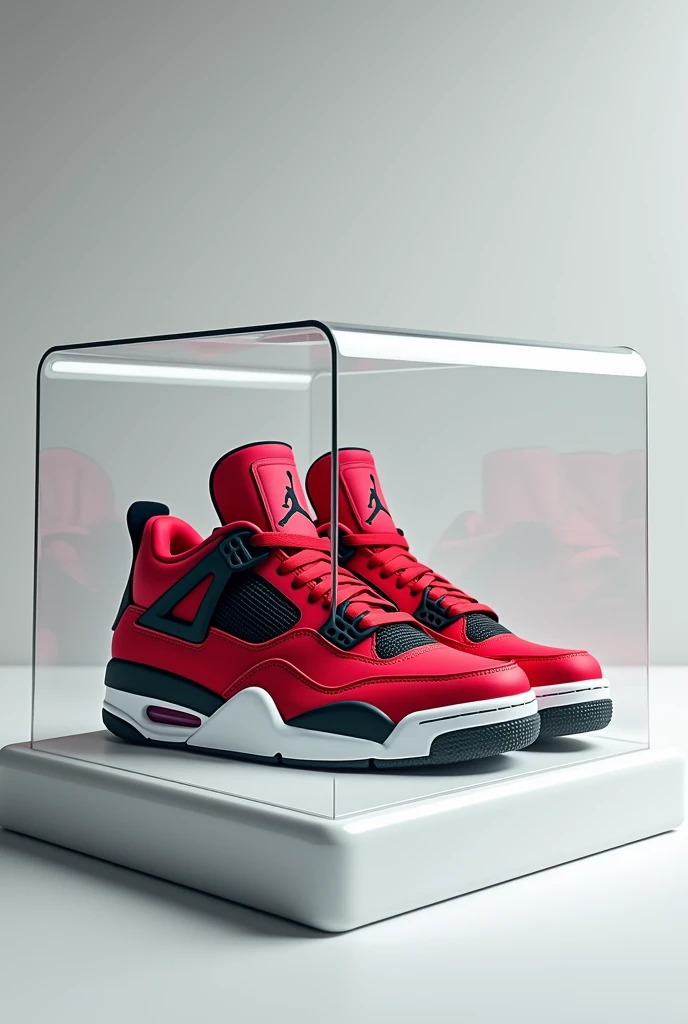 A pair of red and black sneakers inside a glass capsule, "Air Jordan 4, Air Jordan 4 High, Uniform off , photo of sneakers, light black skin, light red, white, focus only on sneakers, black color, Hyper realistic&quot;, Hyper realistic &quot;, fan favorite, 🕹️ 😎 🔫 🤖 🚬