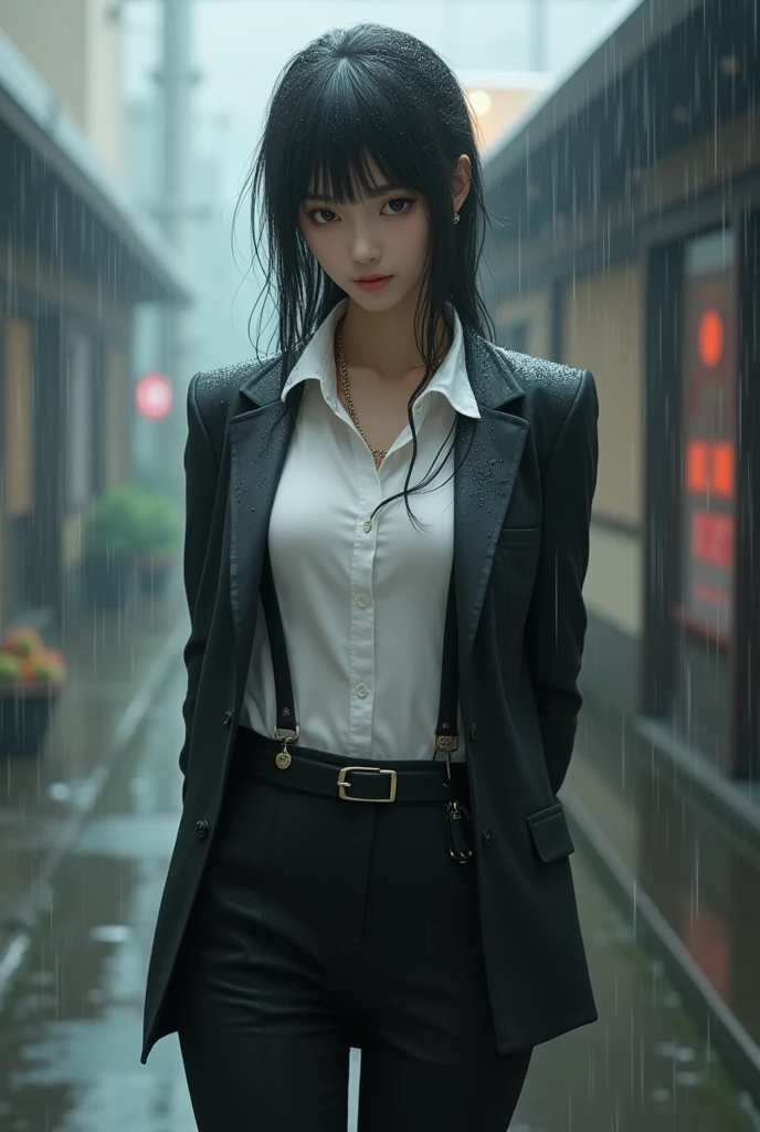 a woman in a suit, belt, hands behind back, sweating, suspenders, black pants, sexly, large breasts, see-through clothing, rain, detective, office worker, white button-up shirt, (best quality,4K,8k,highres,masterpiece:1.2),ultra-detailed,(realistic,photorealistic,photo-realistic:1.37),hyper-detailed,highly detailed face and body, Slender　thin　suspenders　Moderate breasts　See-through shirt　Nipples　holster　chain　Pistol　Armament　criminal　Female criminal　knife　japanese　profile　Japanese women
