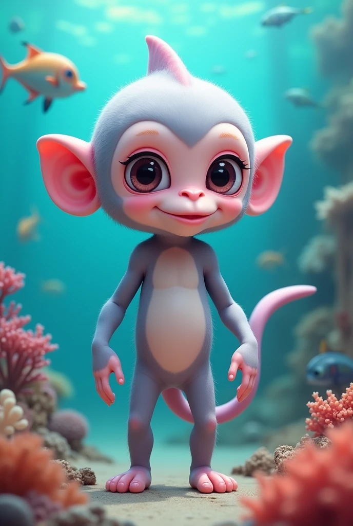 A hybrid between a monkey and a pink dolphin that has half and half genes
