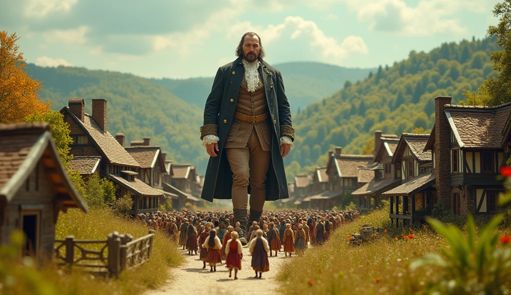Fantastical photography of a giant man, dressed in 18th-century attire, being led by dozens of tiny people, full body shot showing scale, in a miniature village with detailed tiny buildings and farmlands, under bright daylight, shot from a high angle to emphasize size difference, captured on a high-resolution digital camera with a wide-angle lens, (forced perspective:1.3), (hyper-detailed:1.2), in the style of (Terry Gilliam:1.4)