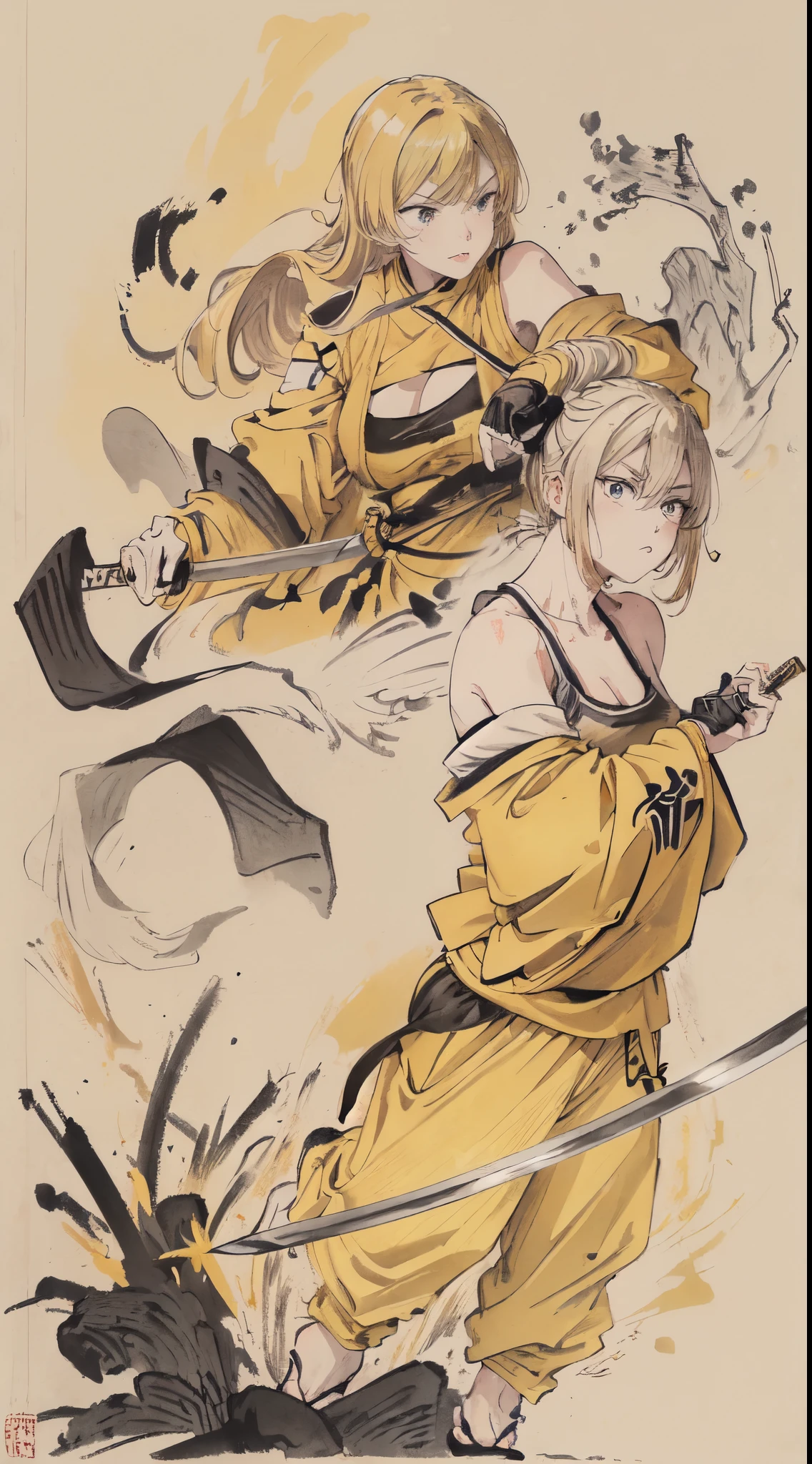 American woman with blond hair, Calvin Klein sports bra, yellow jersey, art, colored pencil drawings, ink paintings, (Japanese sword from the movie: Kill Bill), slashes drawn with ink and yellow paint, an exquisite collaboration of yellow and black. Full body figure. aggressive pose.