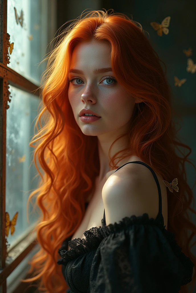 (solo, full body photo:1.3), (action packed:1.3), (haze, fog, mist:1.3), chiaroscuro, best quality, photorealistic, 1woman, (cute), (24yo:1.2), redhead, long ginger hair highly detailed, 1700'S, digital photography, art by artgerm and ruan jia and greg rutkowski surreal painting gold butterfly filigree, broken glass, (masterpiece, sidelighting, finely detailed Fashionable eyes: 1.2) (perfect oval large eyes that gazes at the viewer), beautiful detailed face, blue gorgeous perfect eyes, (blonde hair ponytail), (attractive young woman:1.3), (thick amazing hair), (seductive:1.1), (blushing:1.1)