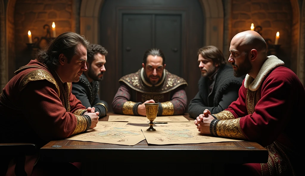 A tense scene of negotiation between French and English representatives unfolds within the shadowy confines of a grand medieval chamber. The room is dimly lit by flickering candlelight, casting long, wavering shadows on the stone walls adorned with ancient tapestries. At the center, a large wooden table is covered with maps, documents, and a single ornate goblet, symbolizing the fragile peace at stake. The French envoy, clad in rich robes of deep crimson and gold, leans forward with a stern expression, while the English representative, dressed in dark, somber tones, meets his gaze with equal intensity. Both sides are flanked by advisors, their faces etched with suspicion and wariness. The atmosphere is thick with tension, as if the very air is laden with the weight of unspoken threats. The scene captures the delicate balance between diplomacy and impending conflict, rendered in the evocative, cinematic style reminiscent of Edmund Blair Leighton., Surrealism, Hyperrealism, UHD, retina, masterpiece, accurate, anatomically correct, textured skin, super detail, 16k