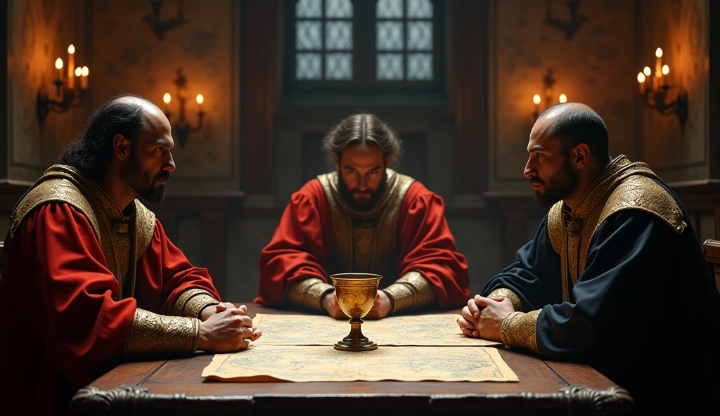 A tense scene of negotiation between French and English representatives unfolds within the shadowy confines of a grand medieval chamber. The room is dimly lit by flickering candlelight, casting long, wavering shadows on the stone walls adorned with ancient tapestries. At the center, a large wooden table is covered with maps, documents, and a single ornate goblet, symbolizing the fragile peace at stake. The French envoy, clad in rich robes of deep crimson and gold, leans forward with a stern expression, while the English representative, dressed in dark, somber tones, meets his gaze with equal intensity. Both sides are flanked by advisors, their faces etched with suspicion and wariness. The atmosphere is thick with tension, as if the very air is laden with the weight of unspoken threats. The scene captures the delicate balance between diplomacy and impending conflict, rendered in the evocative, cinematic style reminiscent of Edmund Blair Leighton., Surrealism, Hyperrealism, UHD, retina, masterpiece, accurate, anatomically correct, textured skin, super detail, 16k