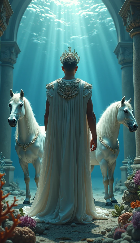 Poseidon, known for his fierce temper and love for beauty, gazes upon his numerous children, including the majestic winged horse Pegasus, a proud man with a thoughtful expression, ancient Greece, dressed in elegant robes with intricate sea motifs, in a grand undersea palace, surrounded by his divine offspring, in the background, shimmering sea life and pearls decorate the scene, hyper-realistic, photo realism, cinematography -- ar 9:16