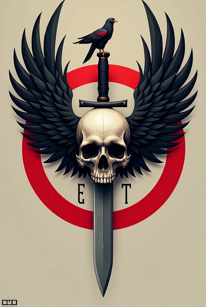 A Geot emblem with a skull and wings That has GEOT inscribed on it A knife in the skull Now that it looks like an emblem An eagle on the sword Smaller That it is noticeable GEOT