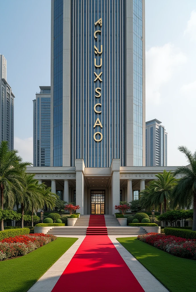 A luxurious, presidential standard company headquarters with the name NEXUS(CCAO) on it and red carpet on entrance with Singaporean architecture,grass, flowers and on it's own space and compound where is the name NEXUS (CCAO) can't see the words I want it more bold and exquisite where are the writing make it long on both left and right give full view and the extension let it be alone on it's big compound writings?