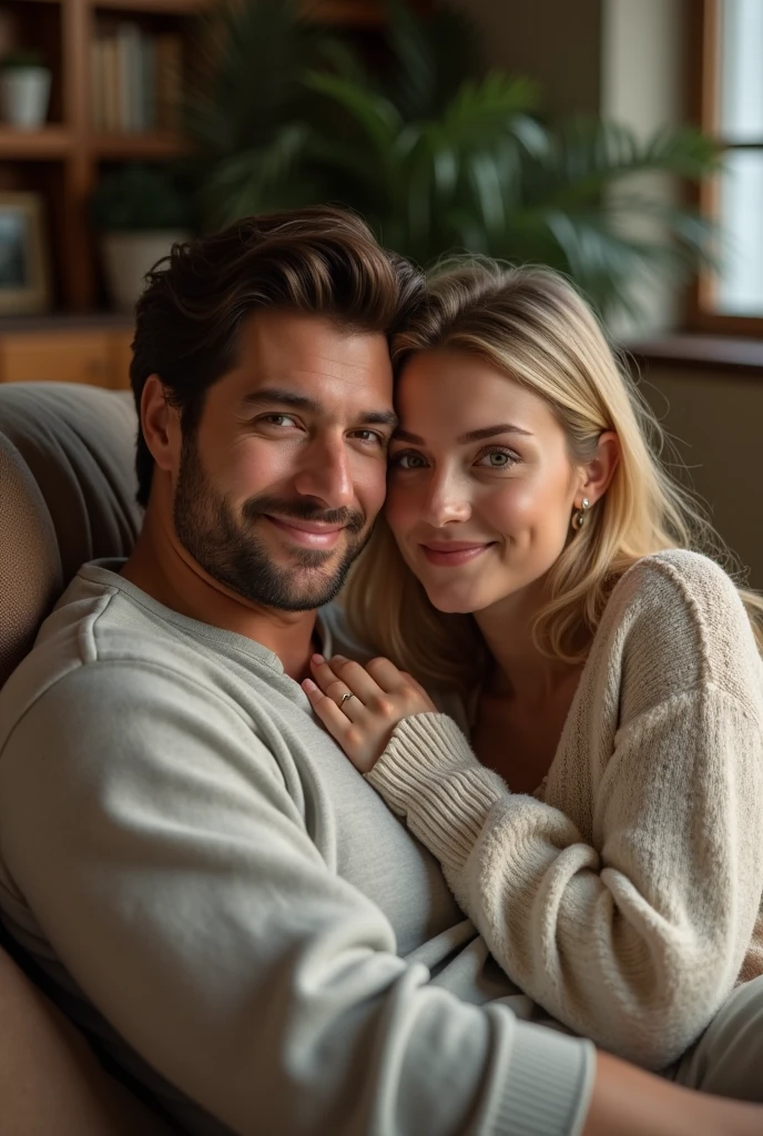 (Photorealism:1.1) a couple man dark brown hair and brown eyes together with a woman blonde green eyes long hair  in home 8k ultra realistic super detailed