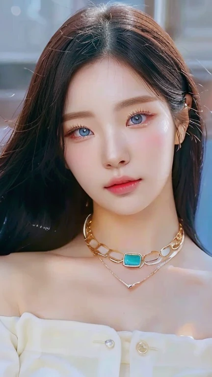 A close-up of a woman wearing a necklace and a necklace with a blue stone and blue like eyes., guweiz, guweiz style artwork, inspired by Huang Ji, inspired by Sim Sa-jeong, ulzzang, jia, Jaeyeon Nam, inspired by Yanjun Cheng, realist. Cheng Yi, Jiyun Chae, photorealist!!!!!!! Art Style, big breasts, heavy breasts
