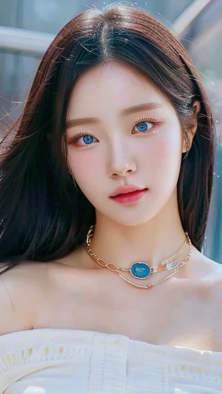 A close-up of a woman wearing a necklace and a necklace with a blue stone and blue like eyes., guweiz, guweiz style artwork, inspired by Huang Ji, inspired by Sim Sa-jeong, ulzzang, jia, Jaeyeon Nam, inspired by Yanjun Cheng, realist. Cheng Yi, Jiyun Chae, photorealist!!!!!!! Art Style, big breasts, heavy breasts