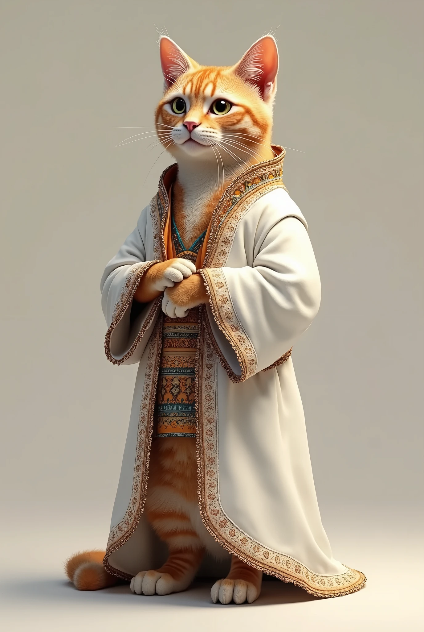 A Moroccan cat wearing a white traditional costume and a colorful patterned belt around her waist. A full body image, real as in real life.