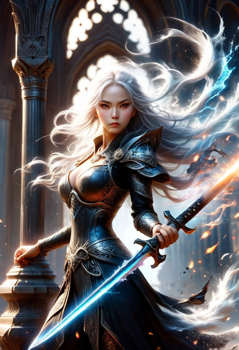in front of the church,oriental goddess,lupus,Bright Eyes,Serious expression,,Long silver hair,Large Breasts,Perfect body proportions,Wearing the black sore cloak,Two-handed clenched broadsword.Magic runes engraved on the sword,8k,Movie Special Effects,movie lighting,realism(1:0)