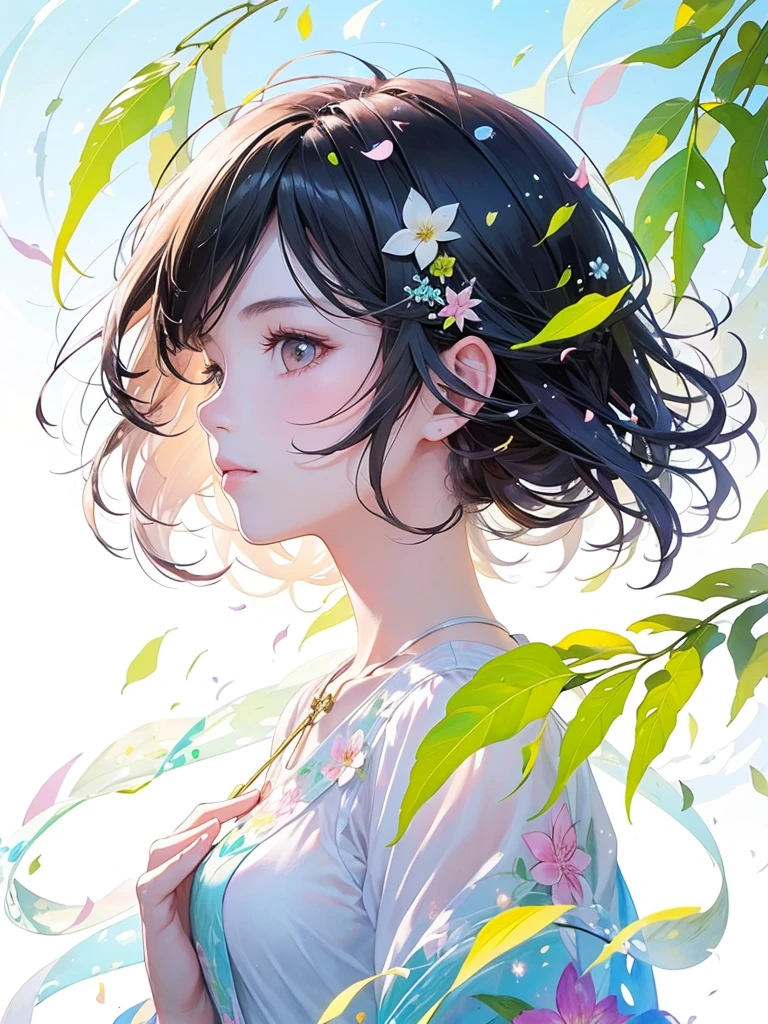 (masterpiece、Highest quality、Highest quality、Beautiful and beautiful:1.2)、Excellent anatomy、（Watercolor painting 1.5）、Long Shot、straight short hair images、Trendy Hair Color, Beautiful Face、Beautiful profile, Look up at the sky, I pray, Fairy, 蝶のFairyのコスチューム、Pure white、Pure、charm, Colorful flowers of different colors, Flower and leaf wind、Botanical Art,
