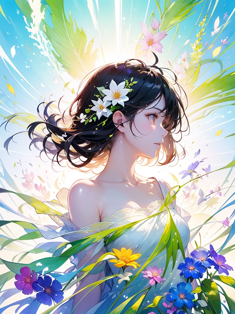 (masterpiece、Highest quality、Highest quality、Beautiful and beautiful:1.2)、Excellent anatomy、(Watercolor painting 1.5)、Long Shot、straight short hair images、Trendy Hair Color, Beautiful Face、Beautiful profile, Look up at the sky, I pray, Fairy, 蝶のFairyのコスチューム、Pure white、Pure、charm, Colorful flowers of different colors, Flower and leaf wind、Botanical Art,