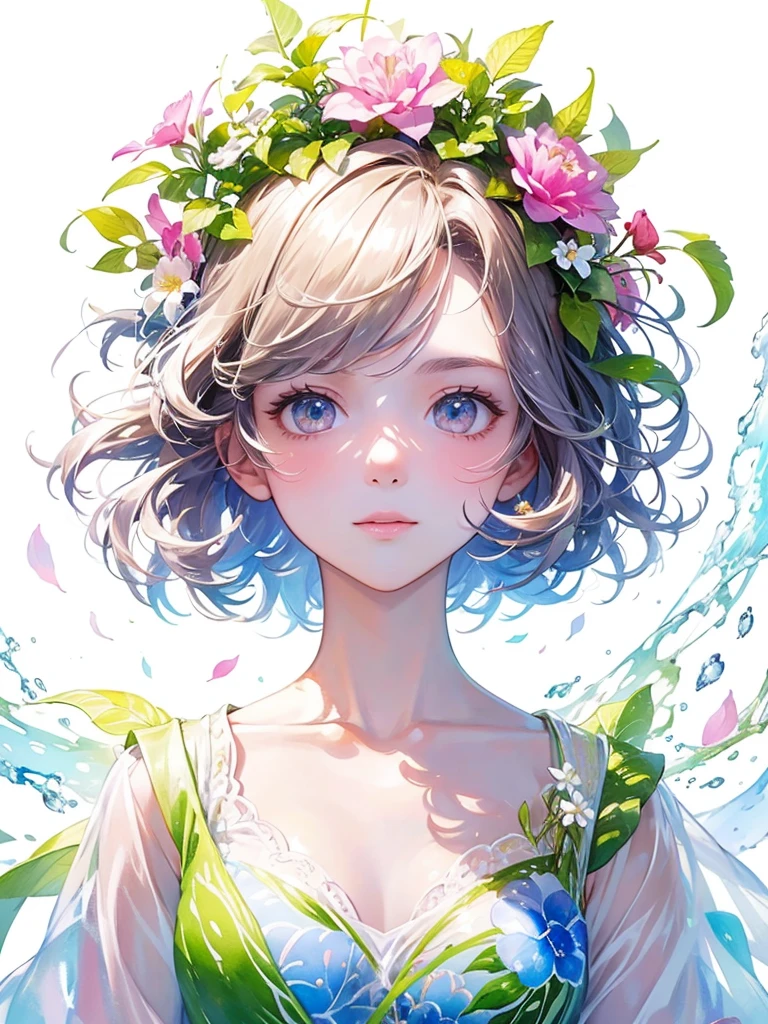 (masterpiece、Highest quality、Highest quality、Beautiful and beautiful:1.2)、Excellent anatomy、(Watercolor painting 1.5)、Long Shot、straight short hair images、Trendy Hair Color, Beautiful Face、Beautiful profile, Look up at the sky, I pray, Fairy, 蝶のFairyのコスチューム、Pure white、Pure、charm, Colorful flowers of different colors, Flower and leaf wind、Botanical Art,